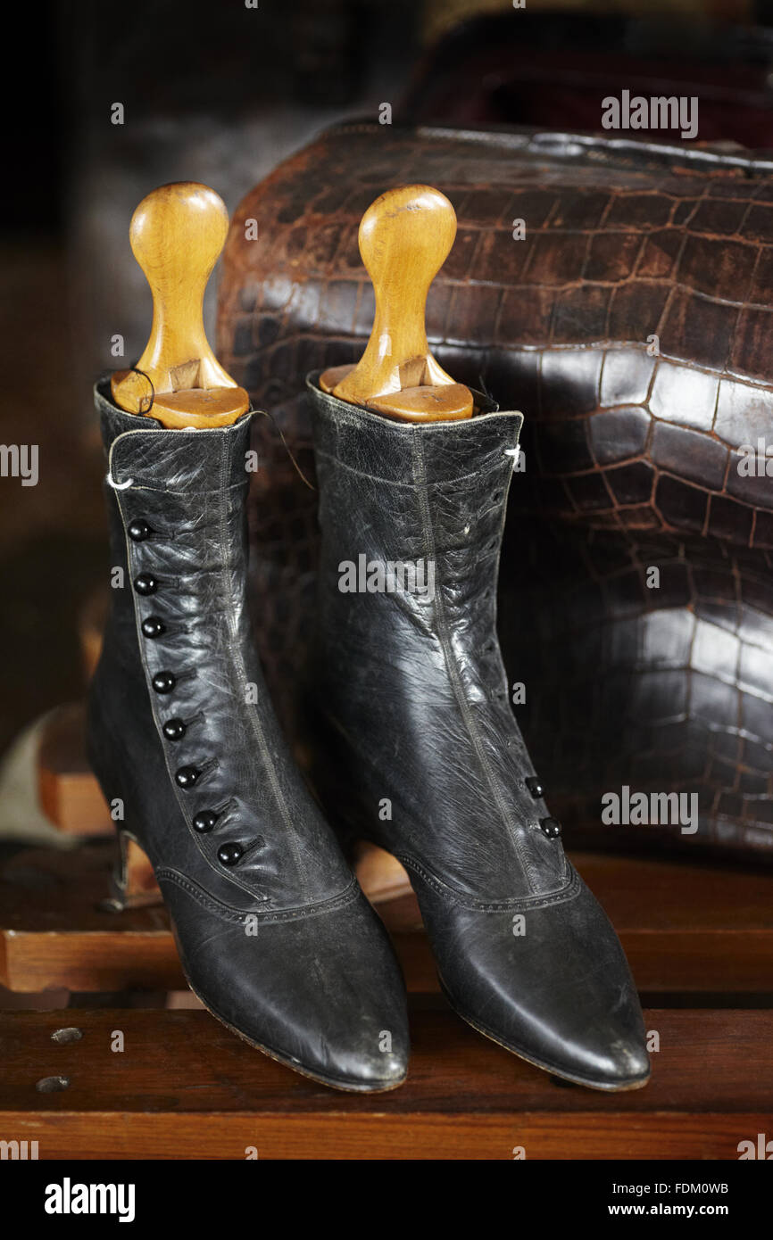 A pair of ladies black leather ankle boots at The Argory, County Armagh. Stock Photo