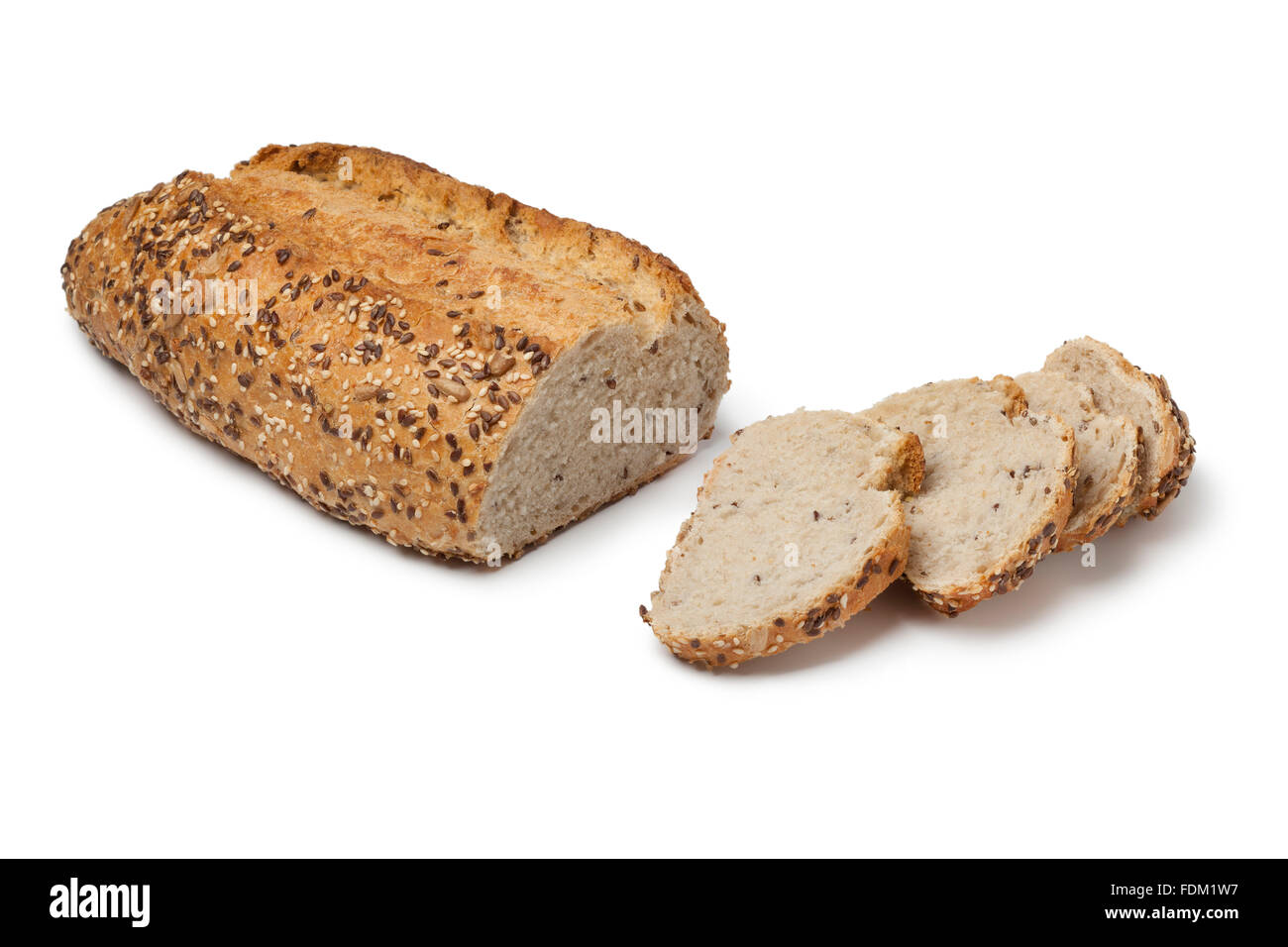 Fresh multi grain bread and slices on white background Stock Photo
