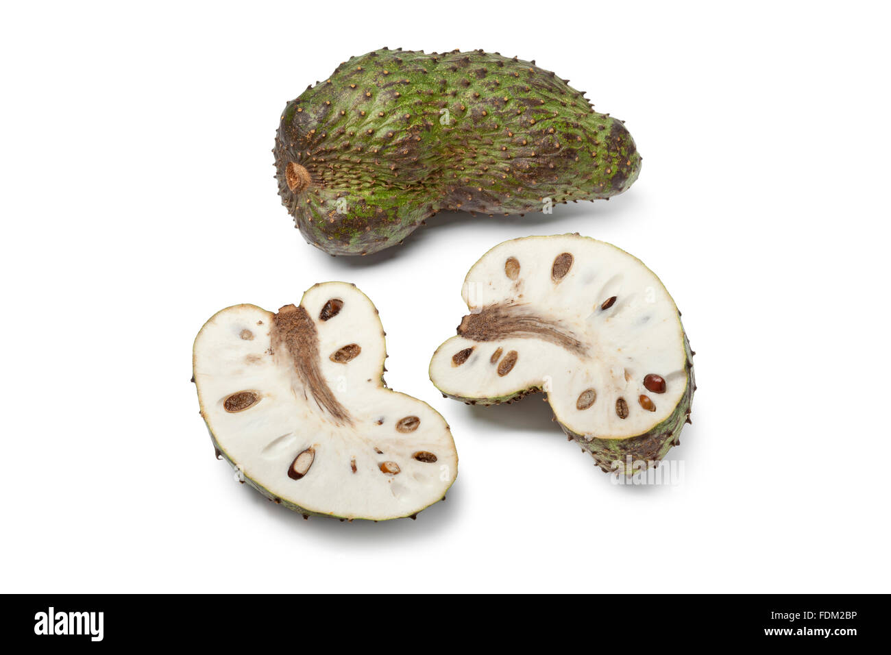 Fresh  whole and half soursop fruit on white background Stock Photo