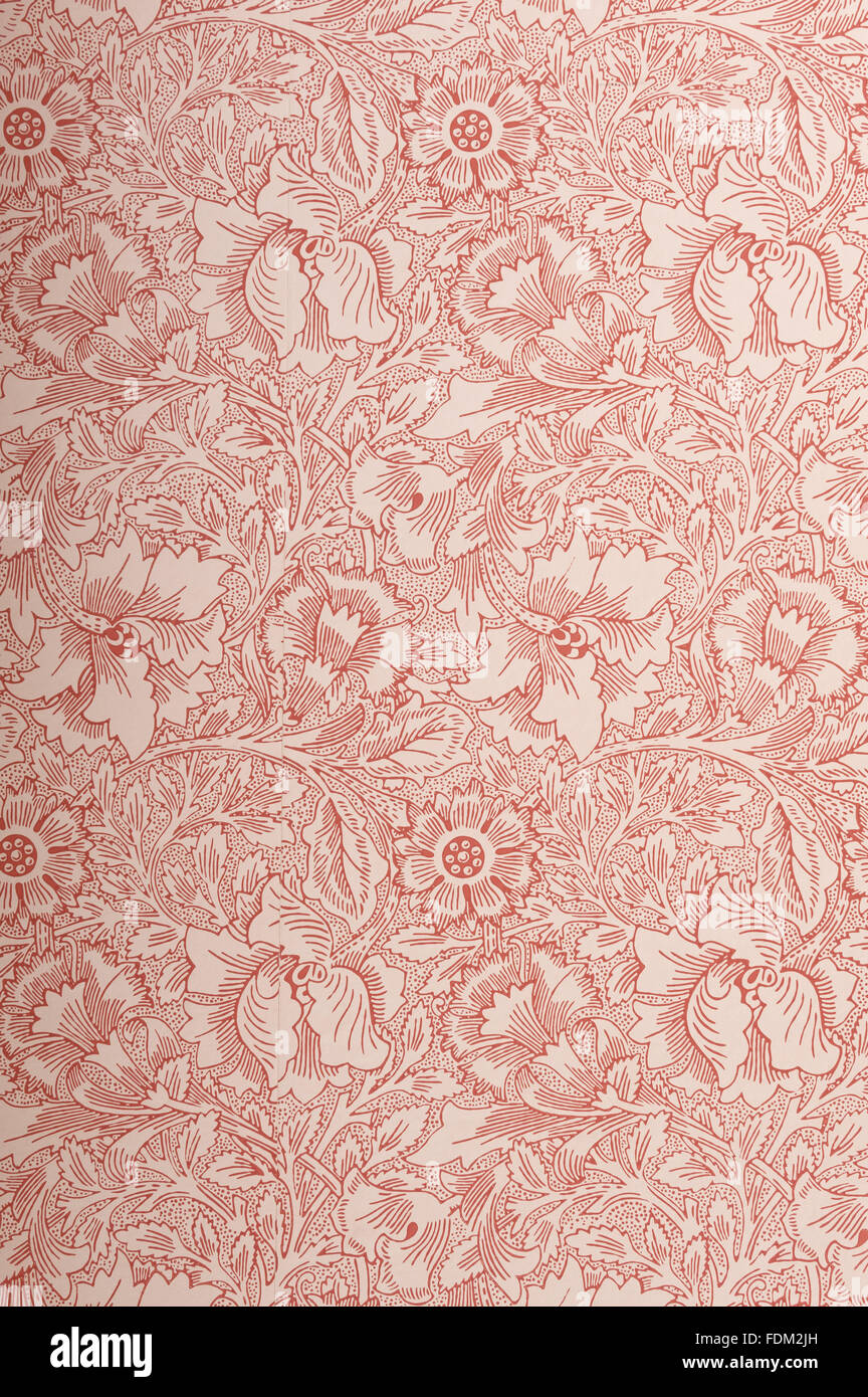 Close view of Poppy wallpaper by William Morris (1834-1896) in the Business Room at Standen, West Sussex. The wallpaper was reprinted using the original Morris & Co blocks. NT inventory number 1213908. Stock Photo