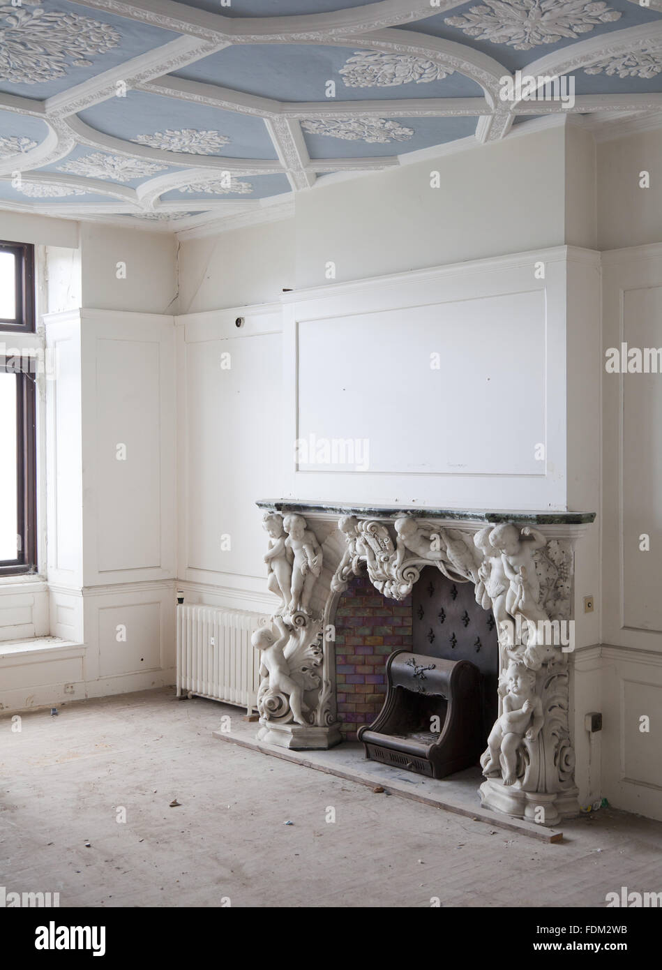 An Ornate Fireplace And Blue And White Plaster Ceiling In A Stock