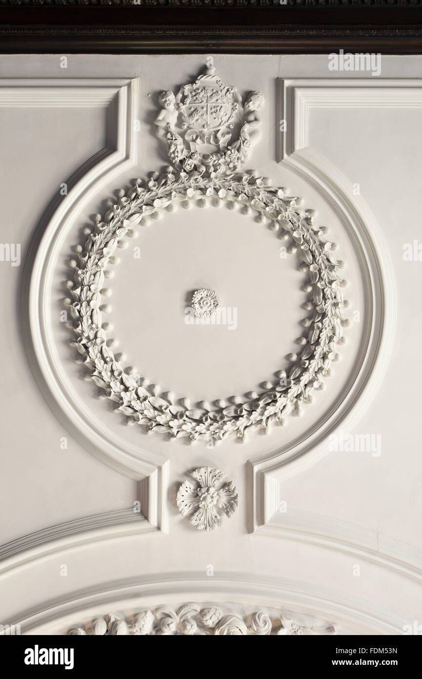 Detail of the plaster ceiling in the Dining Room at Tredegar House, Newport, South Wales. Stock Photo