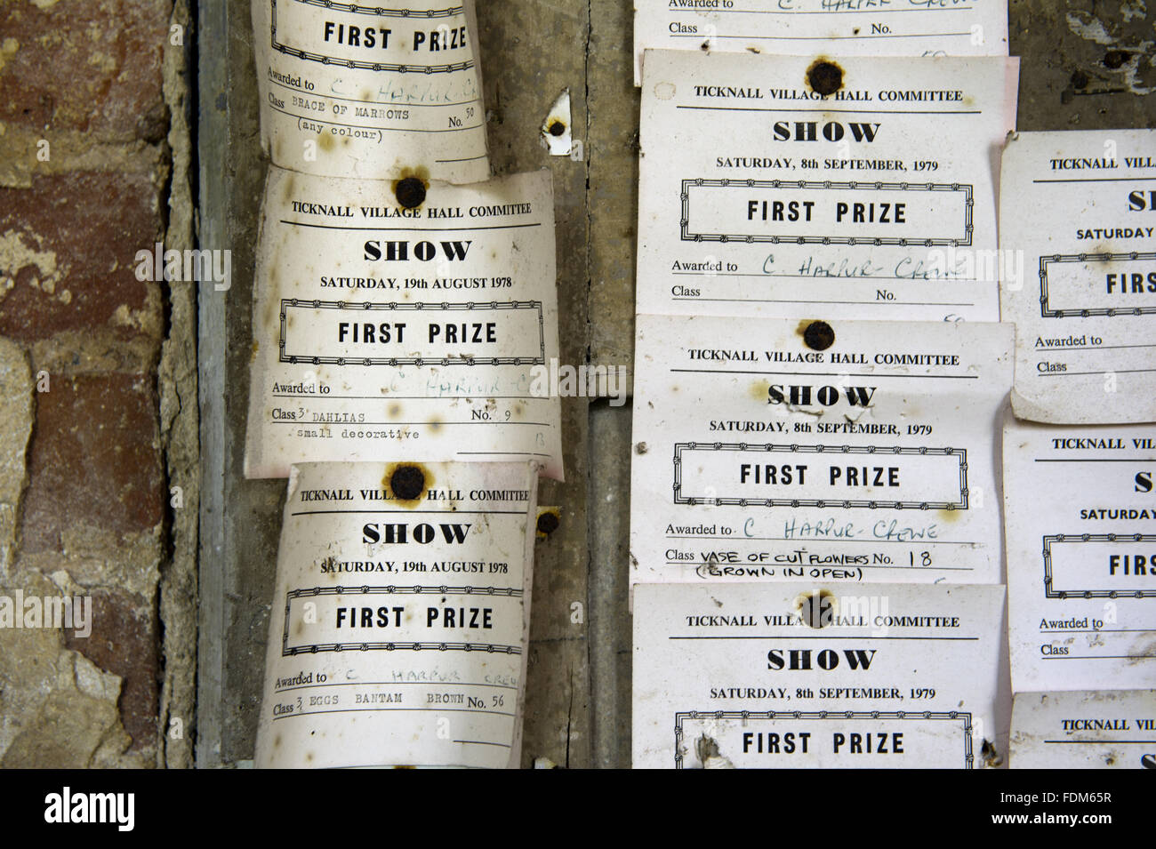 Horticultural show prize certificates in the Gardener's Bothy at Calke Abbey, Derbyshire. Stock Photo