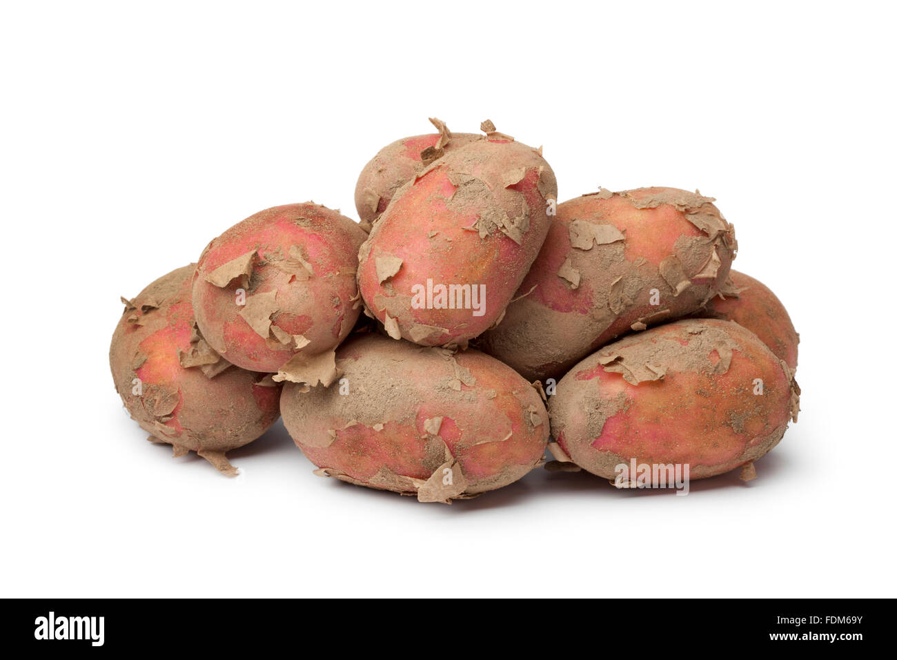 Heap of fresh red Raya potatoes on white background Stock Photo