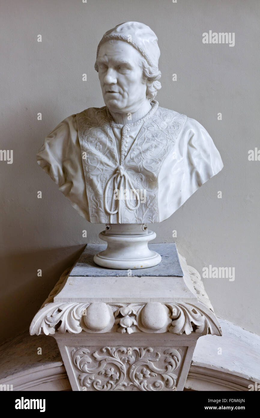 Marble bust of Pope Clement XIV (1705-1774) by Christopher Hewetson (1739-1799), 1772, in the Hall at Beningbrough Hall, North Yorkshire. Stock Photo