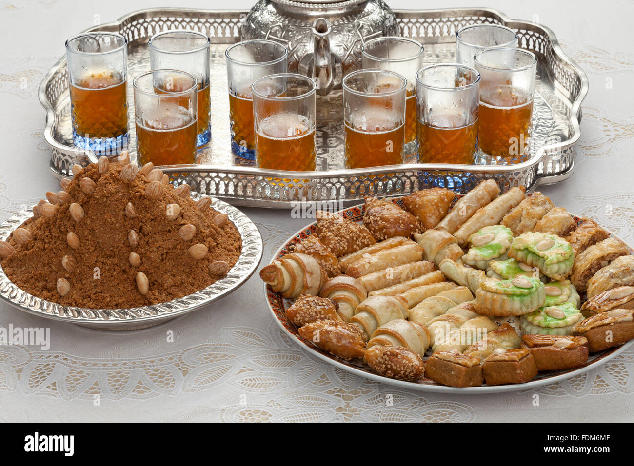 Traditional Moroccan tea,cookies and almond sellou at idalfitr the end of Ramadan Stock Photo
