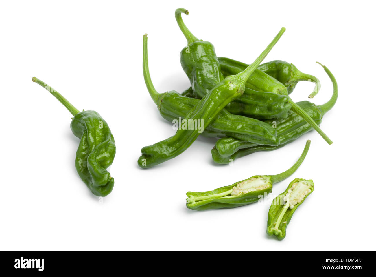 Fresh green shisito peppers on white background Stock Photo
