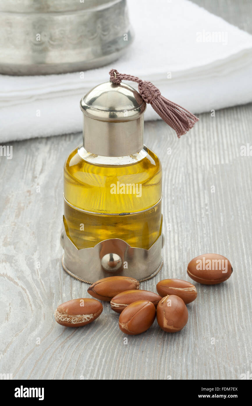 Moroccan cosmetic Argan oil and nuts Stock Photo