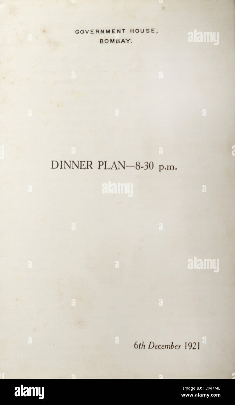 The front cover of the Dinner Plan at Government House, Bombay, 6th December 1921, in which Mrs Greville was seated next to His Excellency the Viceroy of India. The plan is in an album at Polesden Lacey, Surrey, NT Inventory number: 1246798. The album is Stock Photo
