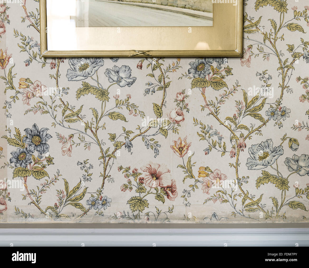 Detail of late nineteenth-century wallpaper with floral design in the Wisteria Bedroom at Dunster Castle, Somerset. Stock Photo