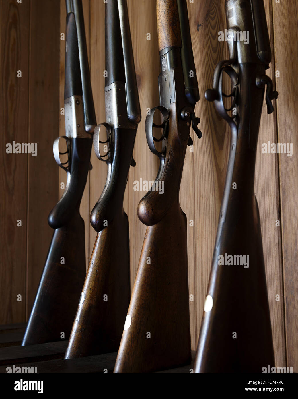 Shotguns in the gun rack in the Gun Room at Dunster Castle, Somerset. Stock Photo