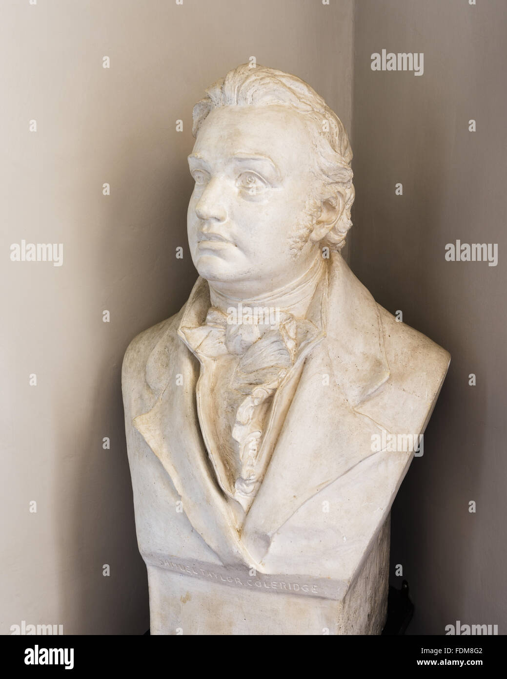 Plaster bust of Samuel Taylor Coleridge (1772-1834) by Sir Hamo Thornycroft (1850-1925) in the Reading Room at Coleridge Cottage, Somerset. NT Inventory number:253350.  Coleridge Cottage was the home of Samuel Taylor Coleridge between 1797 and 1800. Stock Photo