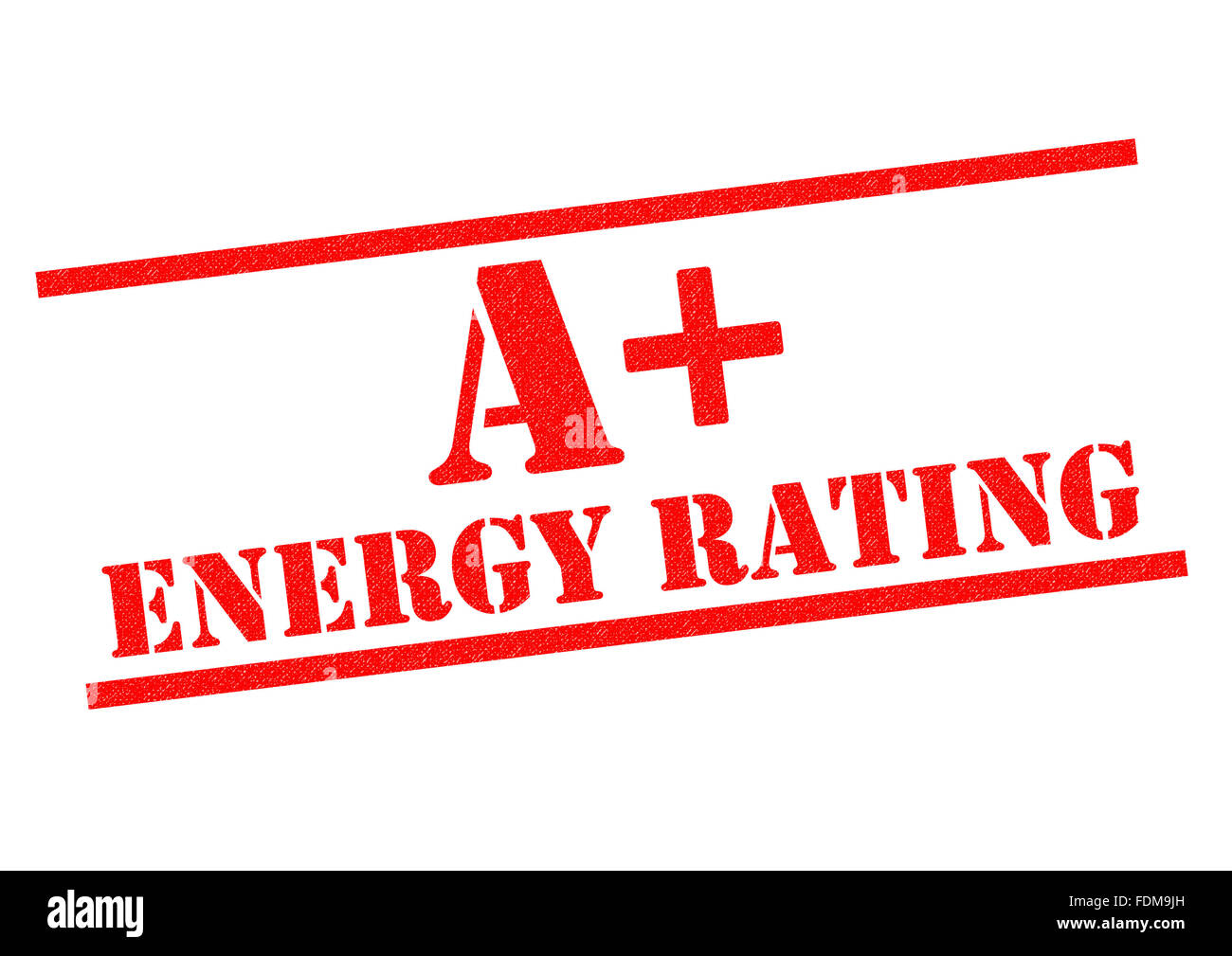 A+ ENERGY RATING red Rubber Stamp over a white background Stock Photo