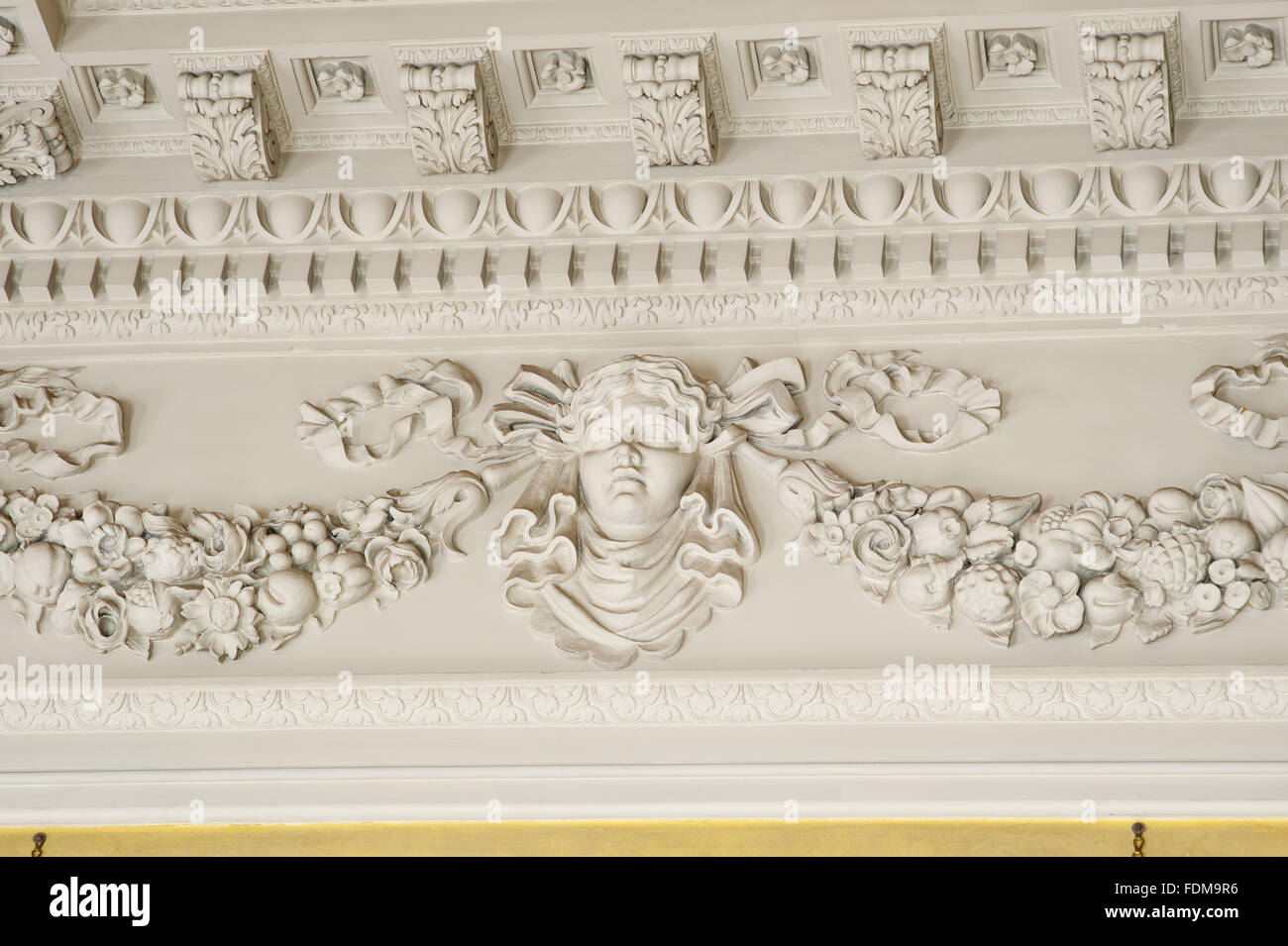 Detail of the plasterwork decoration in the Great Hall at Dunham Massey, Cheshire. Stock Photo