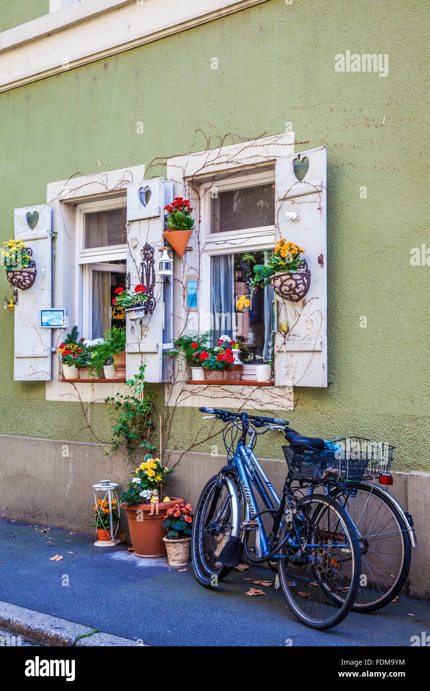 Student bicycles in the Altstadt quarter of the University town of Heidelberg. Stock Photo