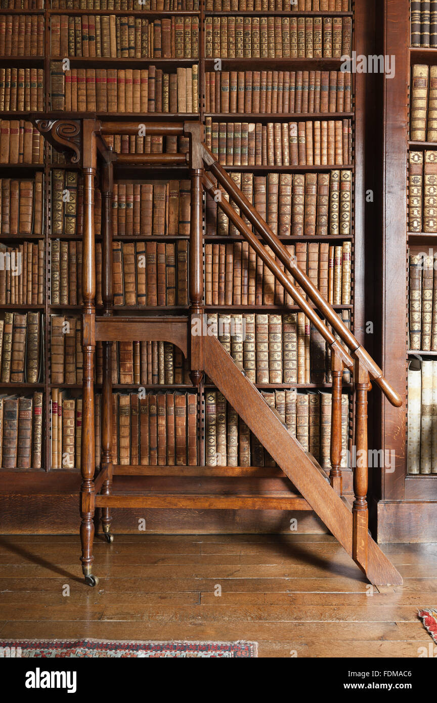 The book steps in the Library at Dunham Massey, Cheshire. Stock Photo
