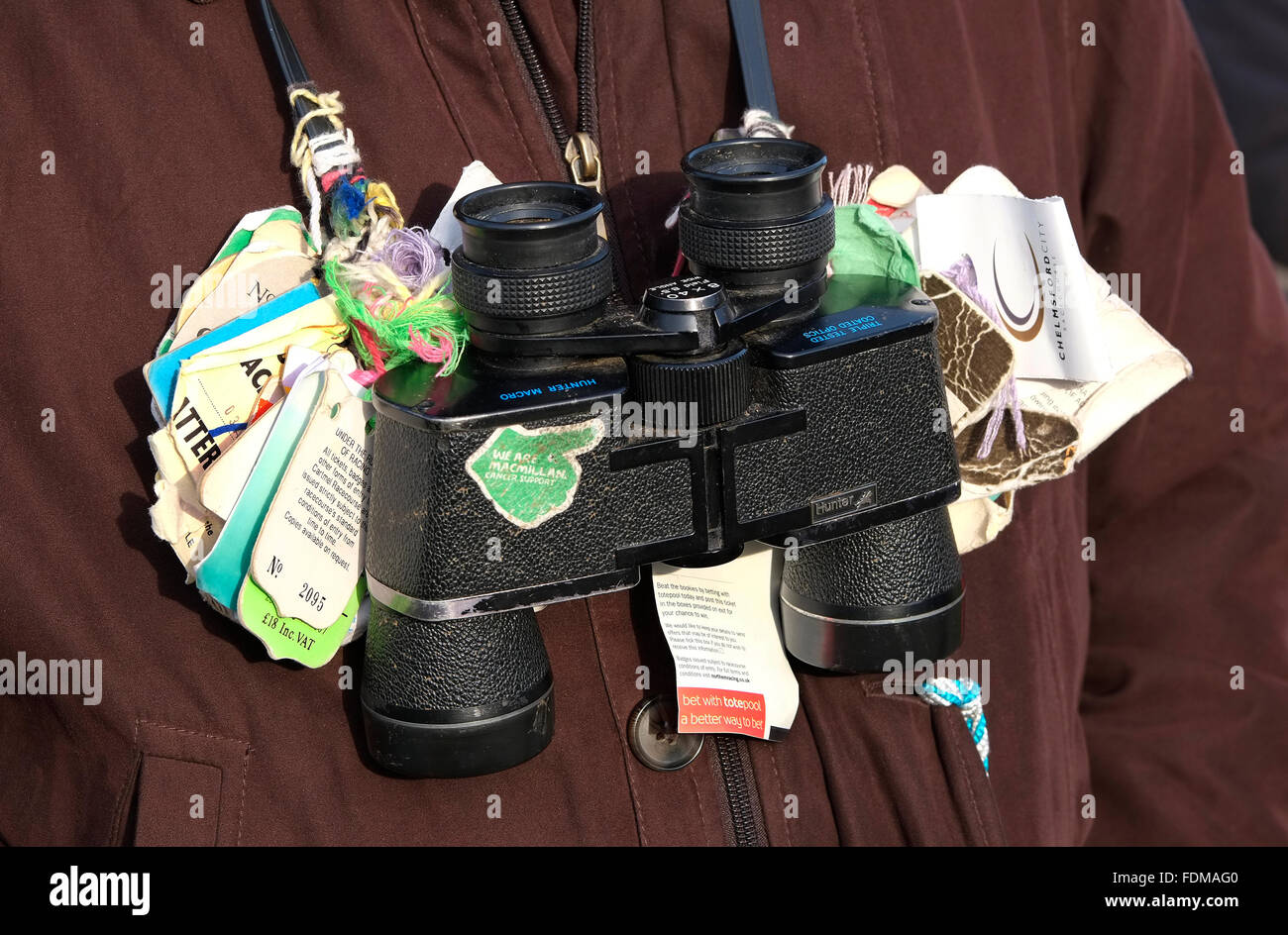 horse racing binoculars with tied course tags Stock Photo