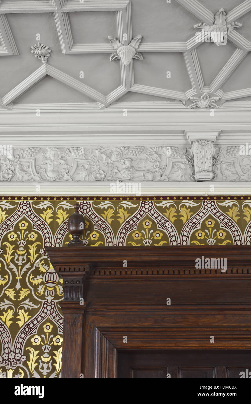 Detail of the plaster frieze and fretwork ceiling of 1603 in the Long Gallery at Gawthorpe Hall, Lancashire. The ceiling by Francis and Thomas Gunby has a ribwork pattern with four-leafed cones. Stock Photo