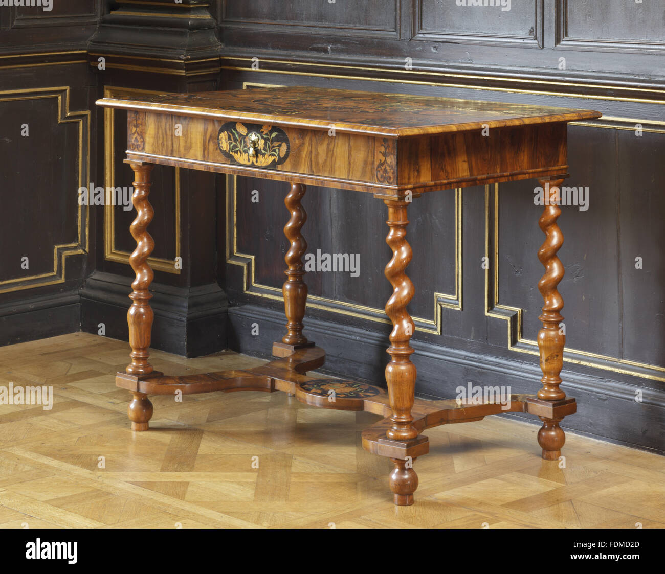 Side table of 1675 in oak and pine with a walnut veneer and floral marquetry in various woods and ivory, some stained green, at Ham House, Surrey. National Trust Inventory Number: 1139923 Stock Photo