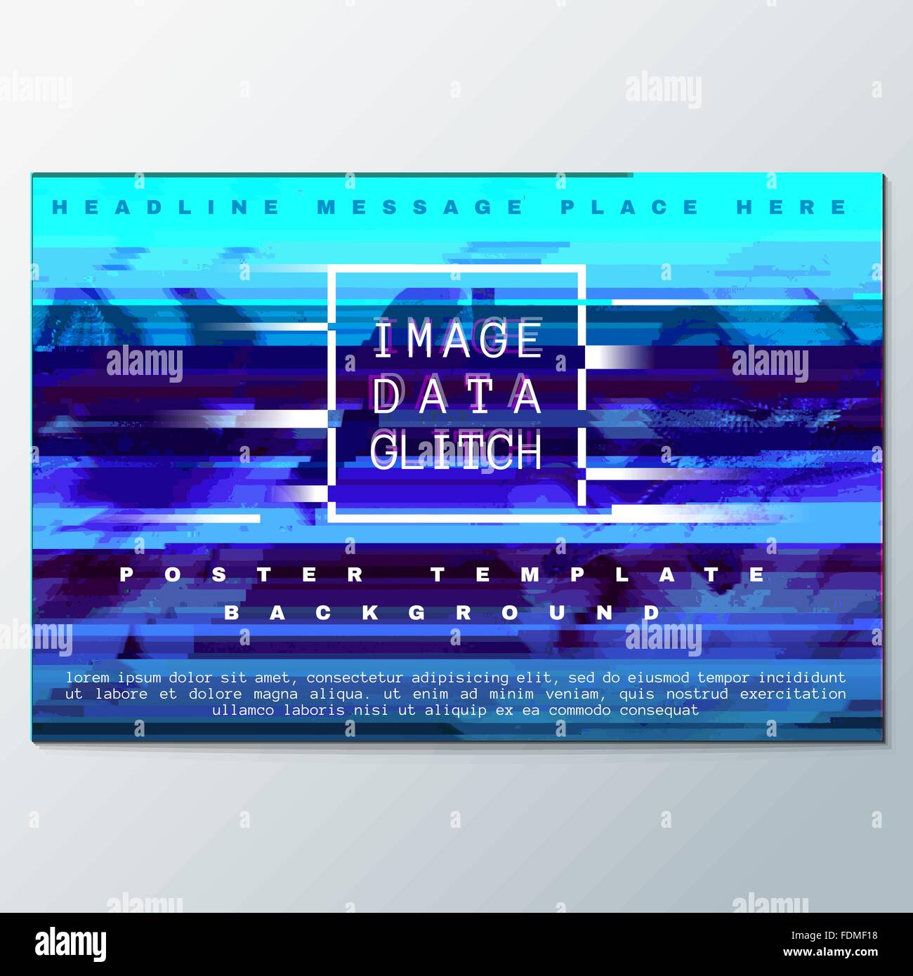 vector blue colored abstract digital glitch art design horizontal flyer poster banner template isolated background Stock Vector