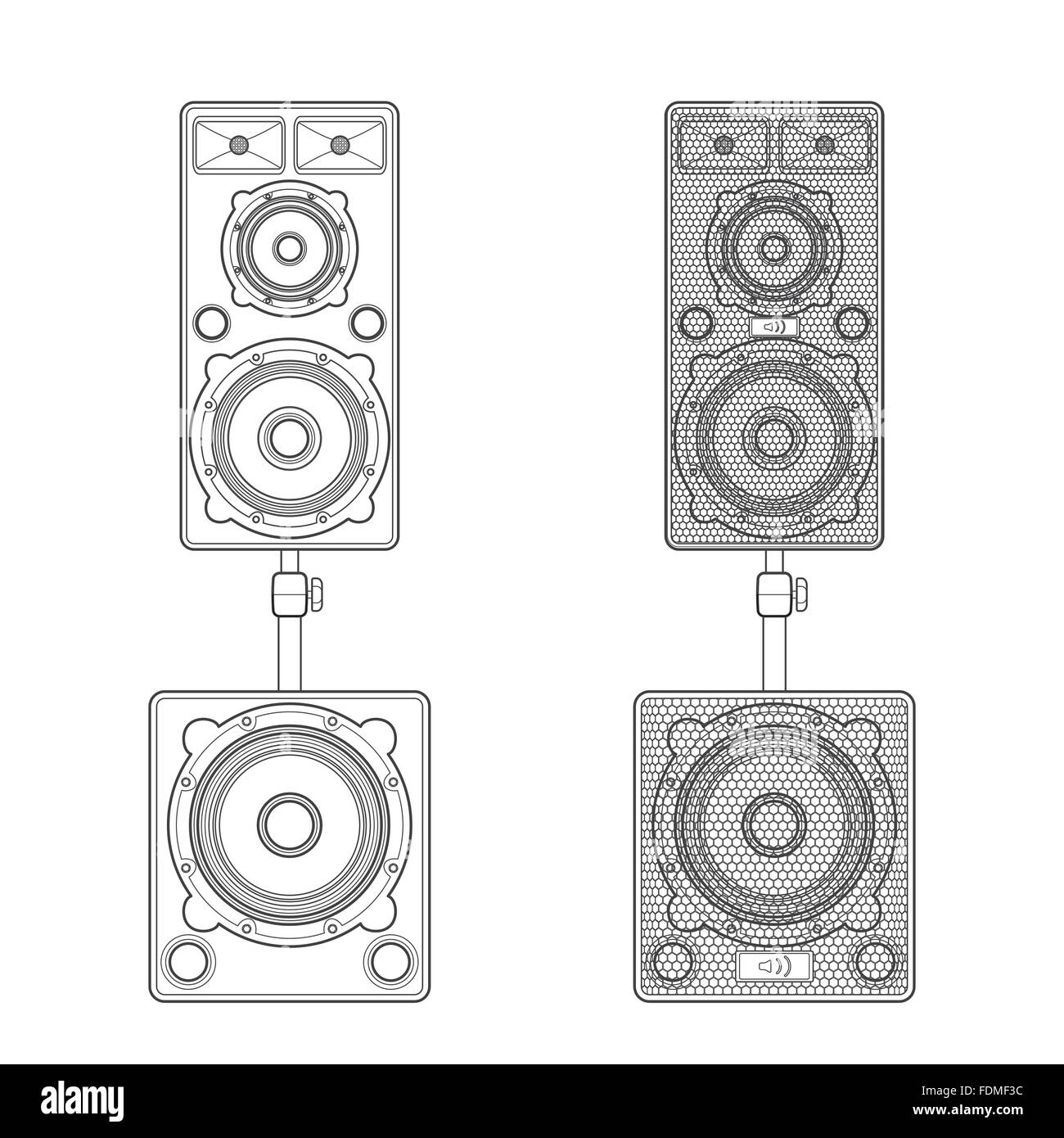 vector monochrome contour design loudspeakers satellites stands subwoofer illustration isolated white background Stock Vector