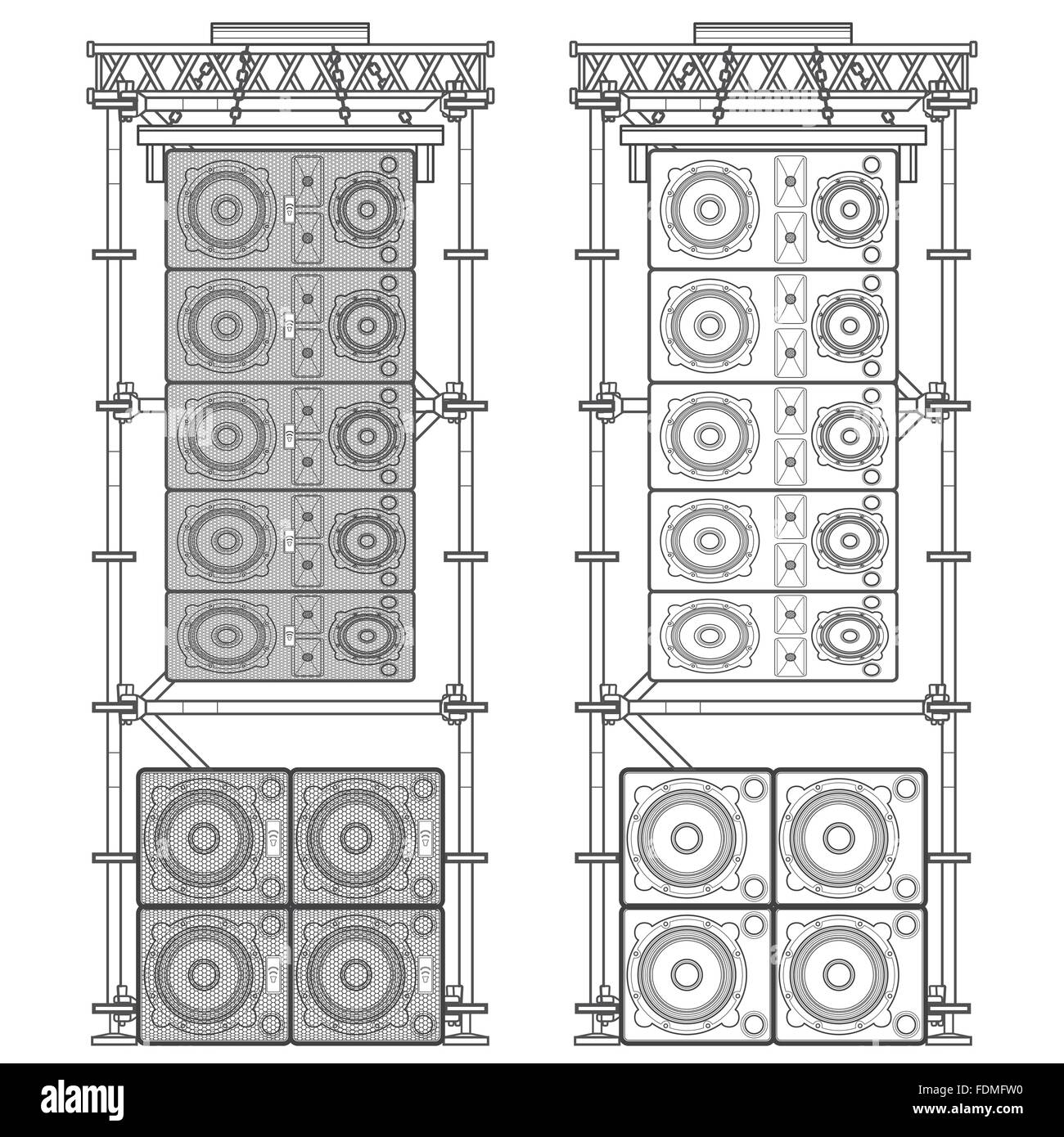 vector monochrome outline event line array massive loudspeakers satellites suspended metal scaffold subwoofers isolated illustra Stock Vector