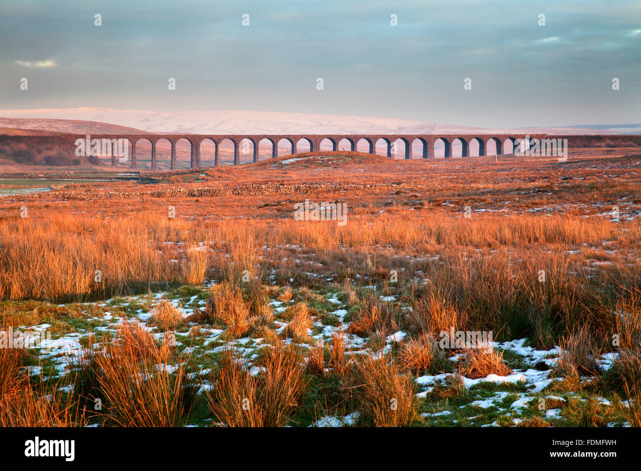 The Ribblehead Viaduct at Sunset in Winter Ribblehead Yorkshire Dales England Stock Photo