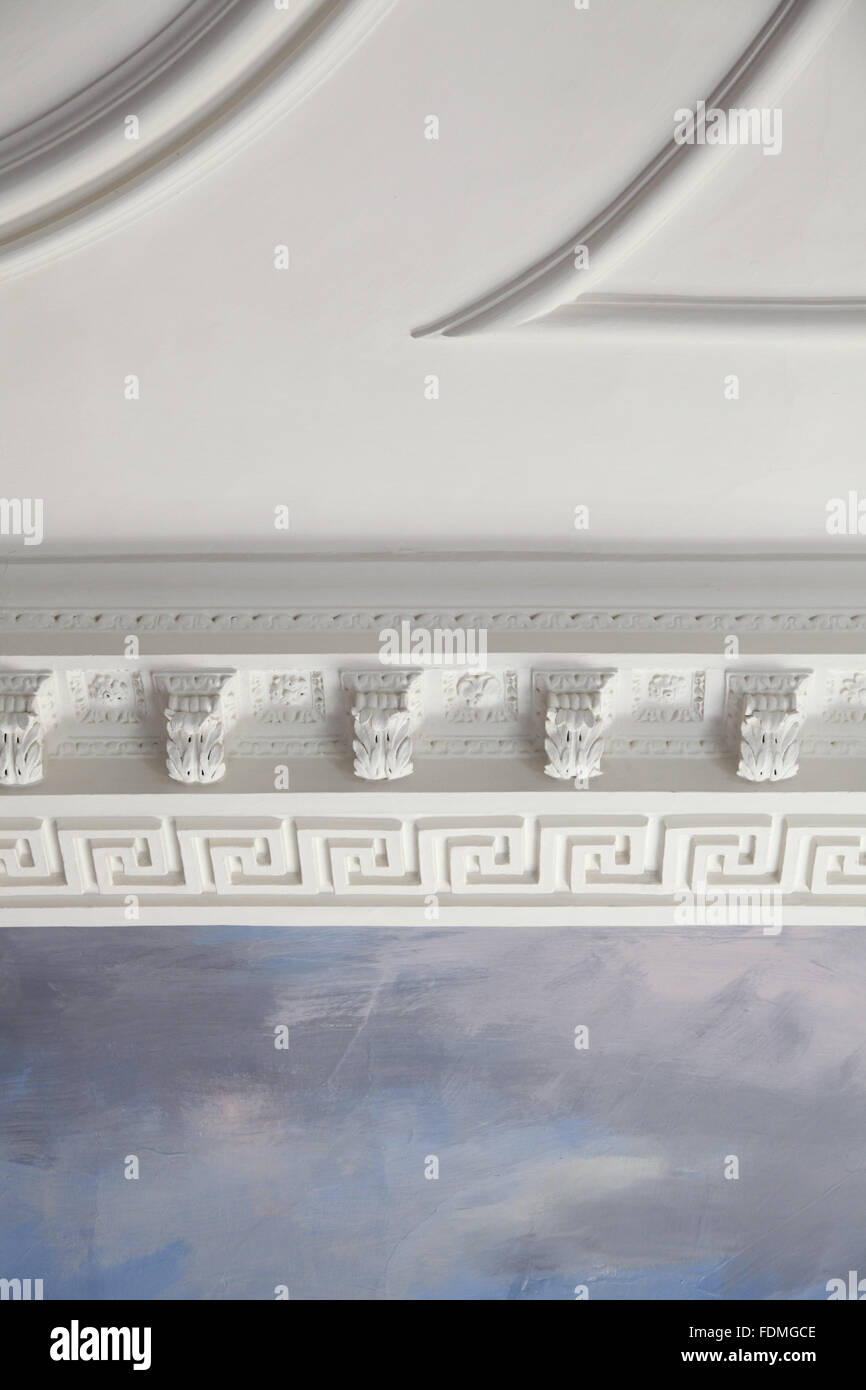 Plasterwork And Painting Of Blue Sky And Clouds On The Ceiling In