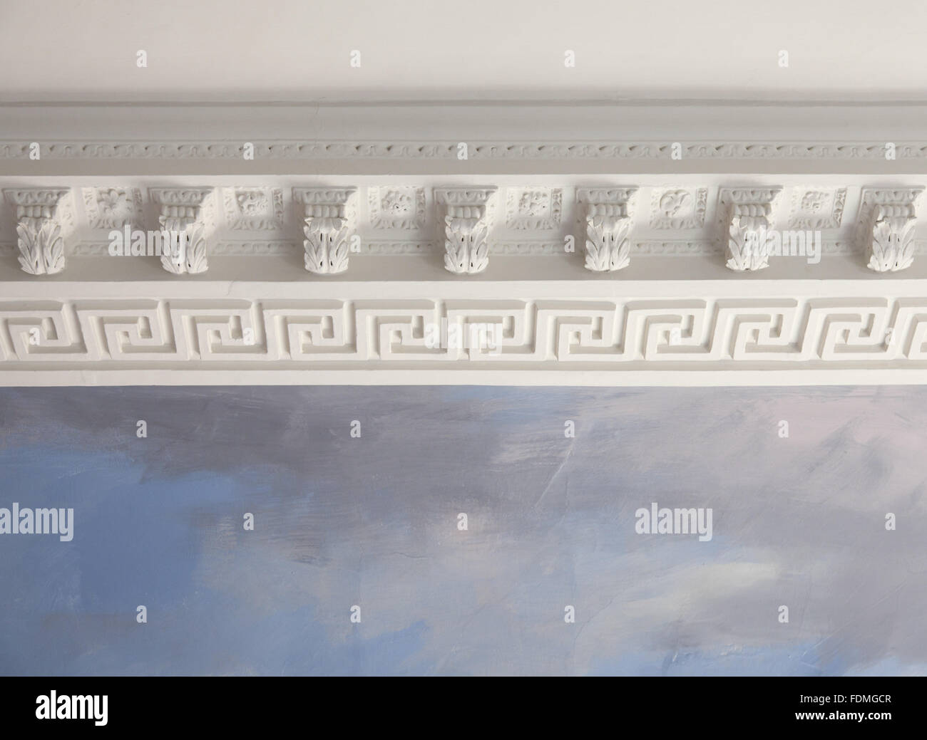 Plasterwork And Painting Of Blue Sky And Clouds On The Ceiling In