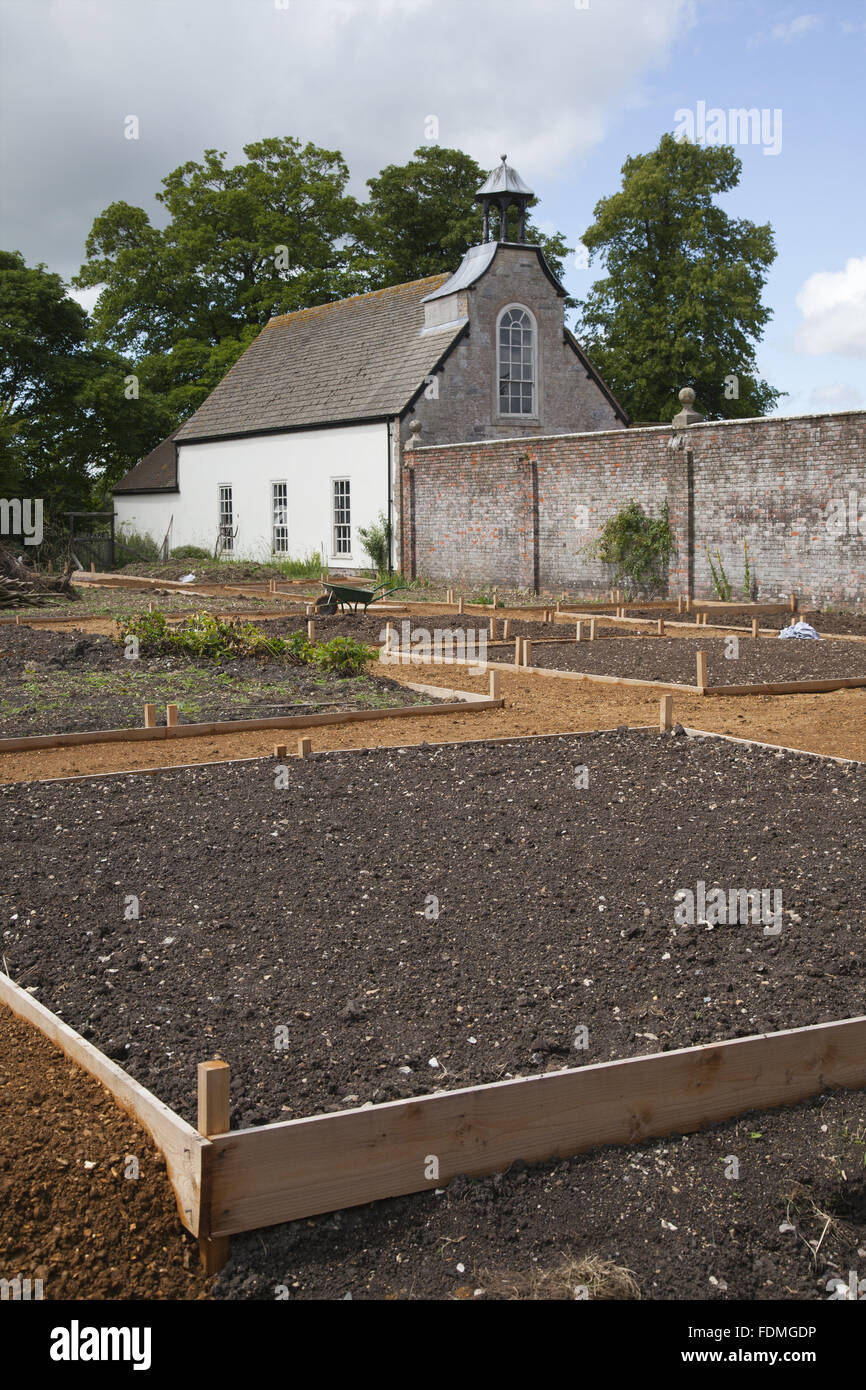 Raised beds ready for planting in the recreated Victorian kitchen garden at Avebury Manor