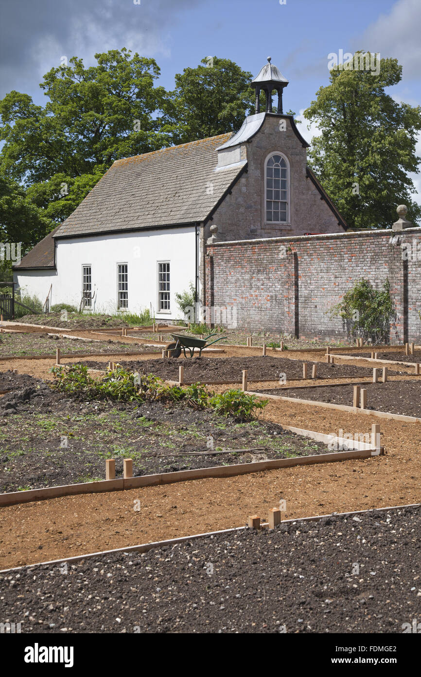 Raised beds ready for planting in the recreated Victorian kitchen garden at Avebury Manor