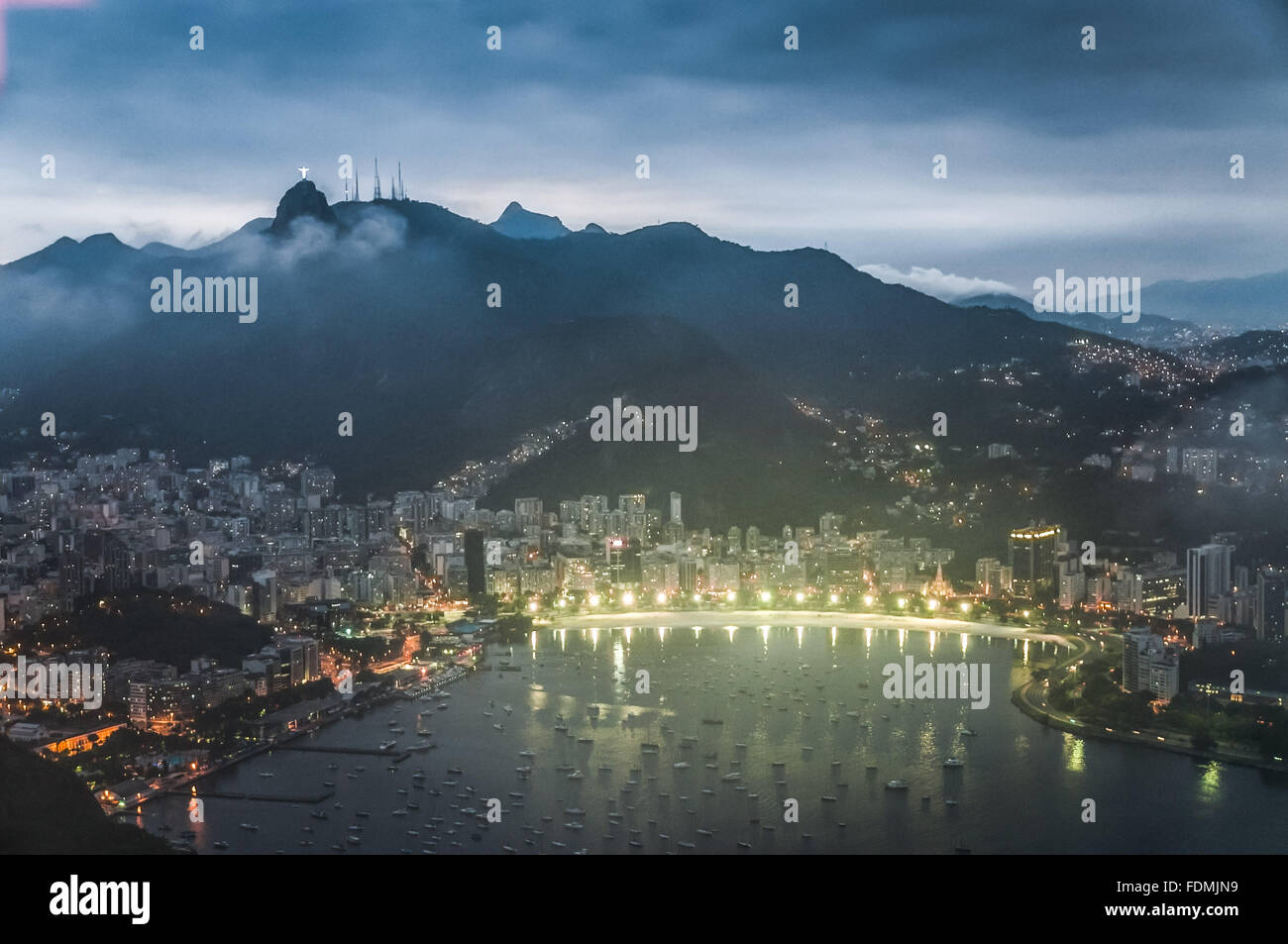 Night in Inlet Beach and Botafogo top view of Pao de Acucar Stock Photo