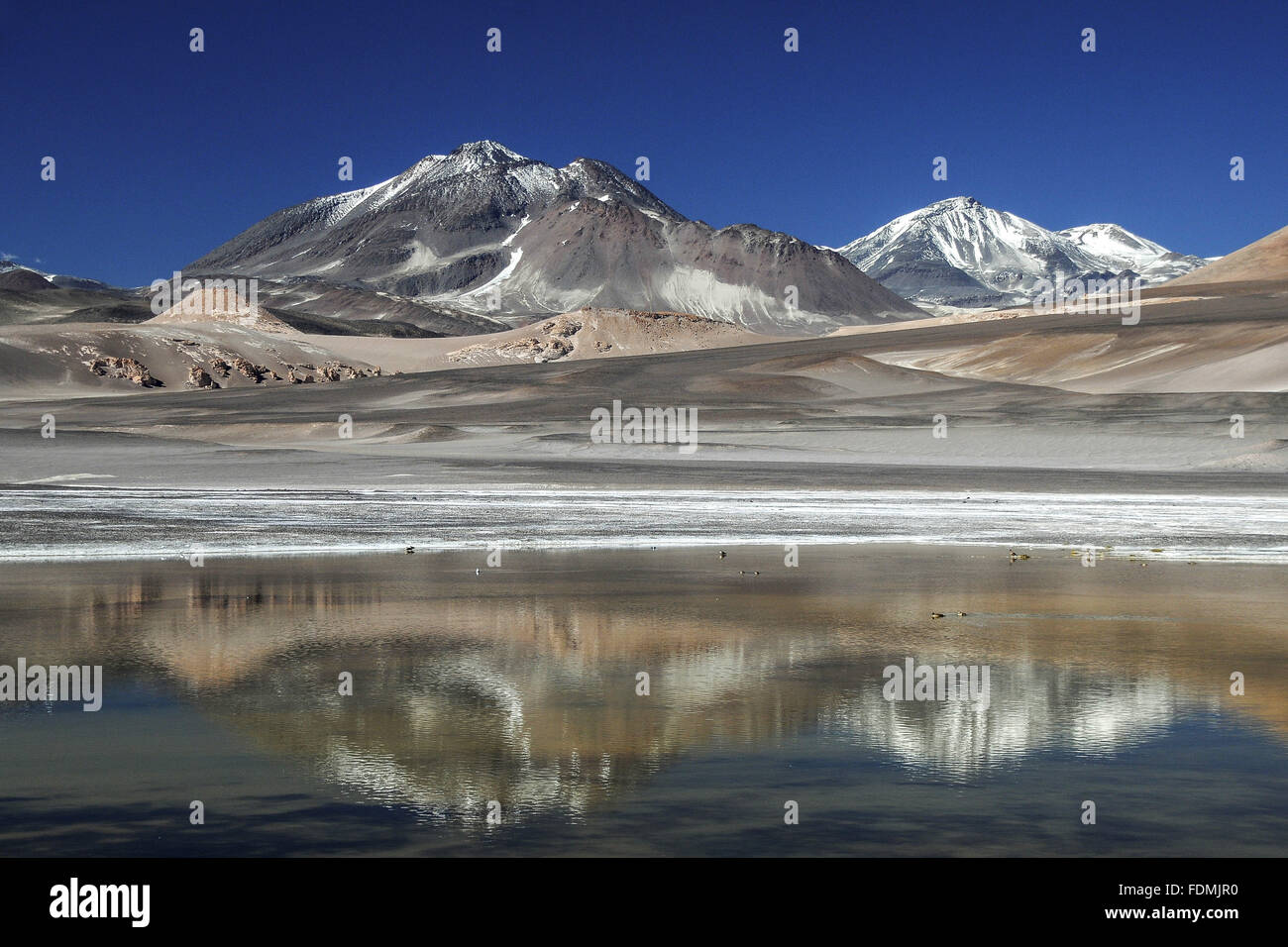 Reflection of the Volcano Ojos del Salado in snow covered pond Stock Photo