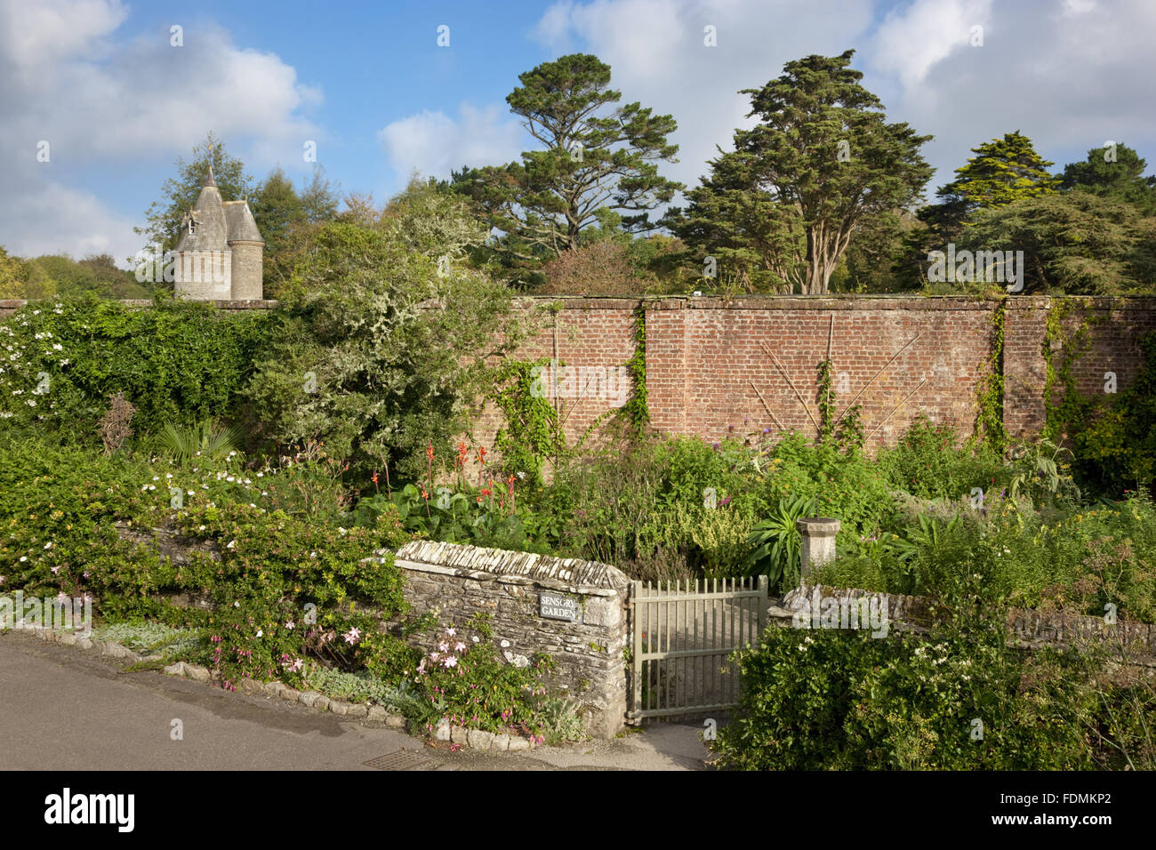 The Sensory Garden with the Water Tower at Trelissick Garden, Cornwall. Stock Photo