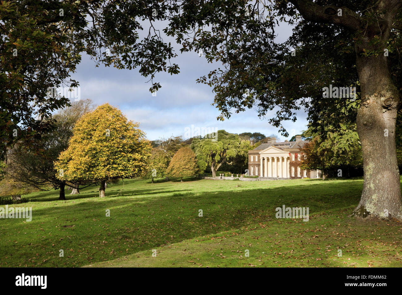 The house from the Tennis Lawn at Trelissick Garden, Cornwall. Stock Photo