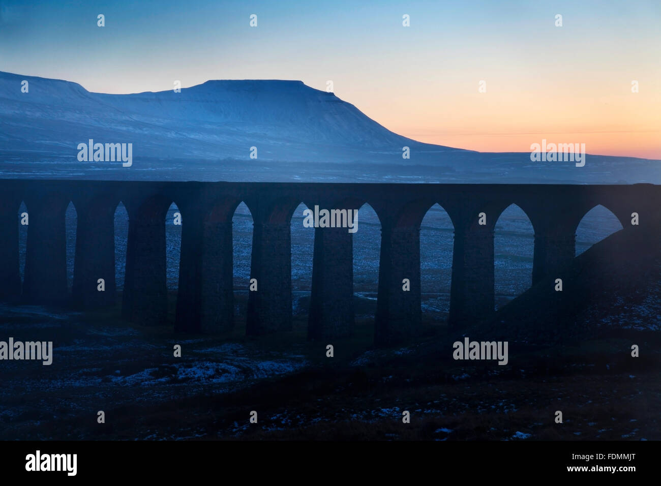 Ribblehead Viaduct and Ingleborough at Dusk Ribblehead Yorkshire Dales England Stock Photo