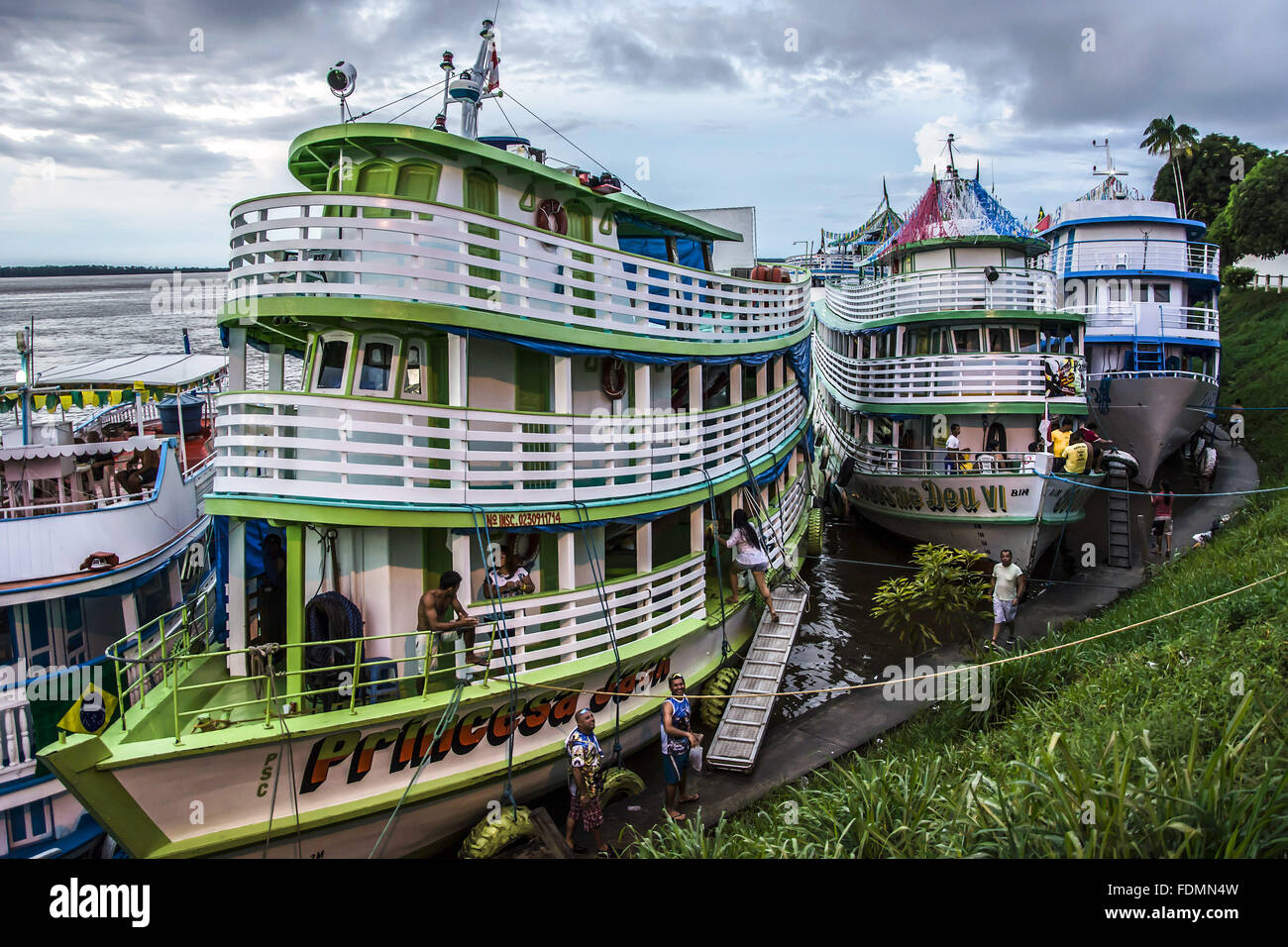 Boats in the Amazon region known as Recreation moored in the harbor on the bank of the Amazon River Stock Photo