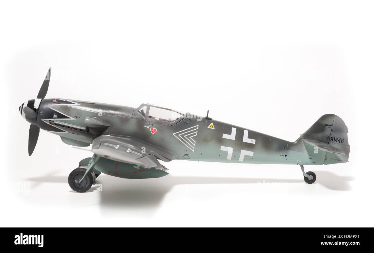 Messerschmitt Bf109G-10 Erla, Luftwaffe markings. 1:32 fine scale model on white studio background. Stock Photo