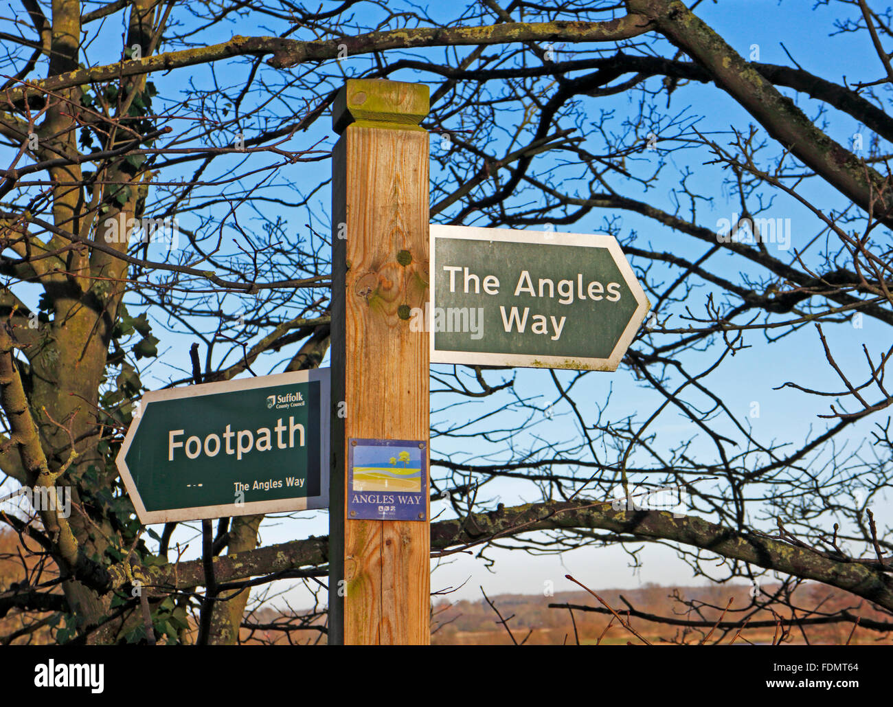 A footpath sign for the Angles Way long distance path near Beccles, Suffolk, England, United Kingdom. Stock Photo