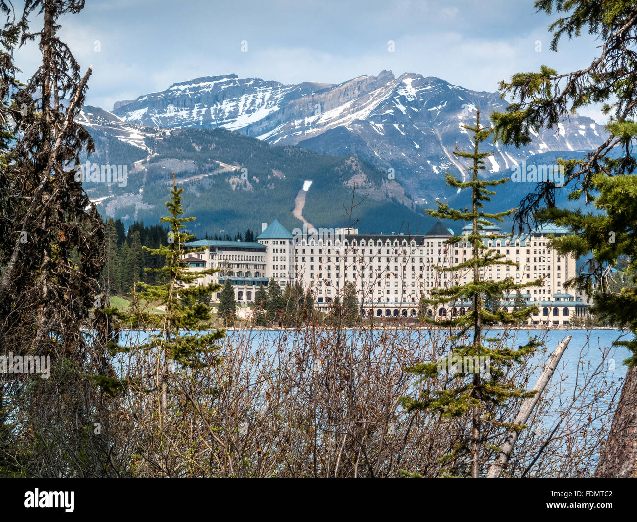 close view of Chateau Lake Louise hotel in  Banff, Alberta Canada Stock Photo