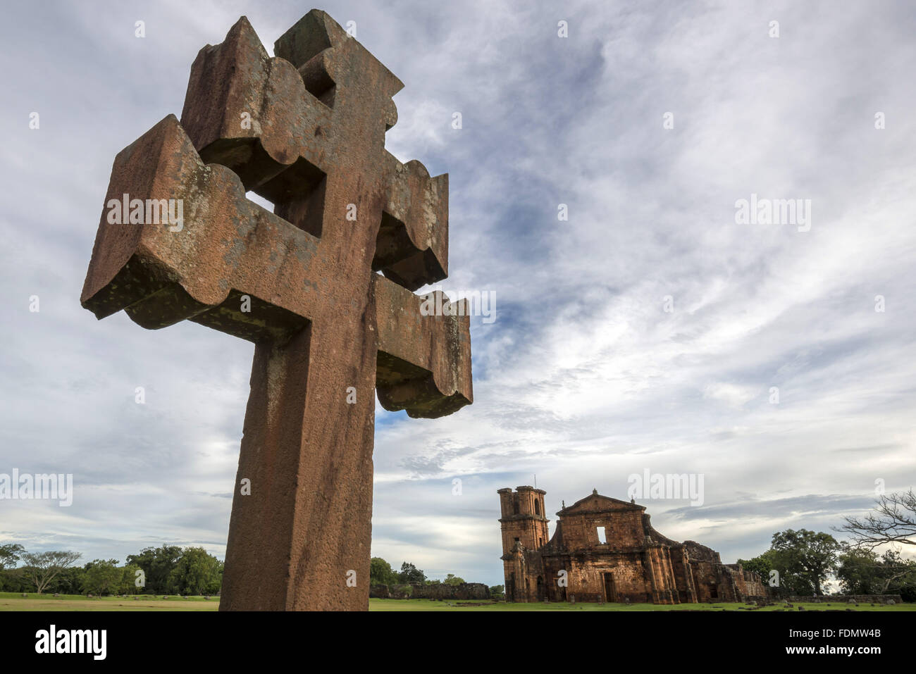 Missionary cross and ruins of the Church in the Archaeological Site of St. Michael the Archangel - construction 1735 Stock Photo