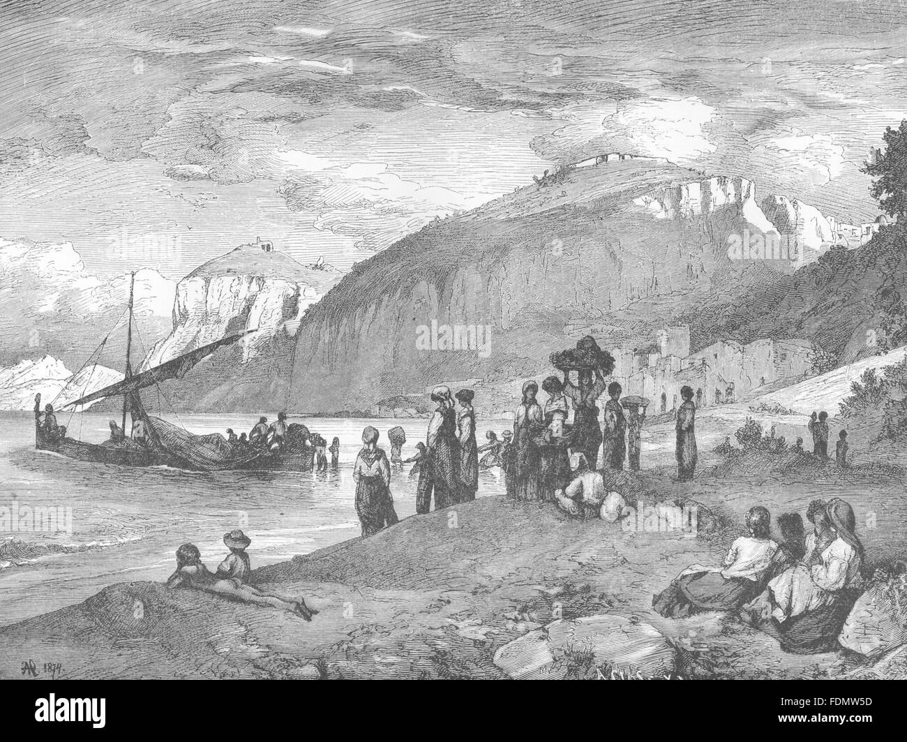 ITALY: Arrival of a Market Boat, Capri, antique print 1877 Stock Photo