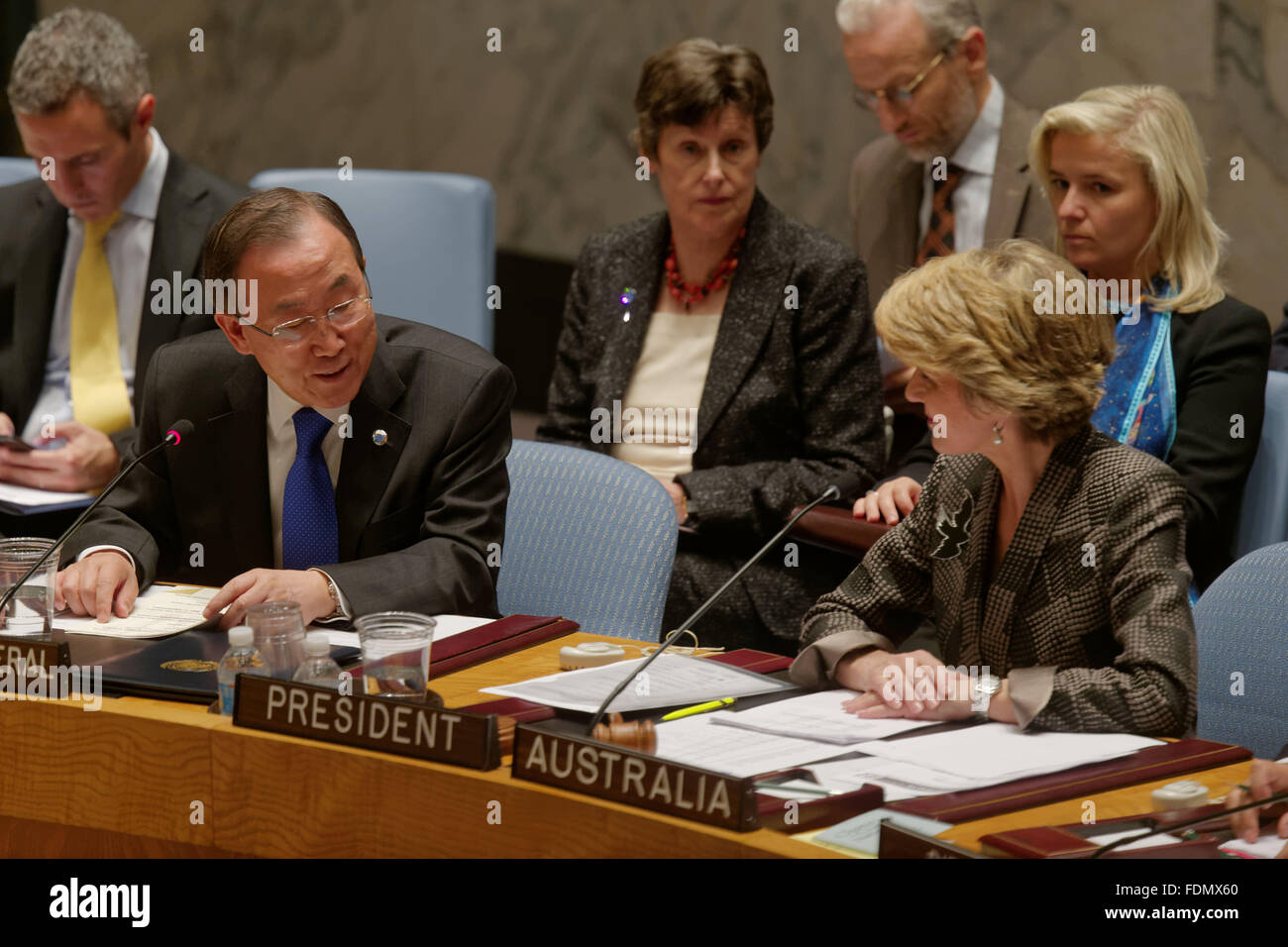 Australian Foreign Minister Julie Bishop chairs a meeting in the Security Council with UN Secretary General Ban Ki-moon at UN HQ Stock Photo
