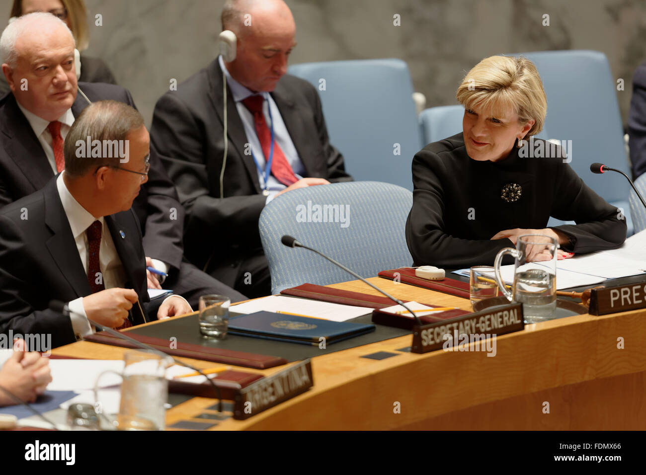 Australian Foreign Minister Julie Bishop chairs a meeting in the Security Council with UN Secretary General Ban Ki-moon at UN HQ Stock Photo