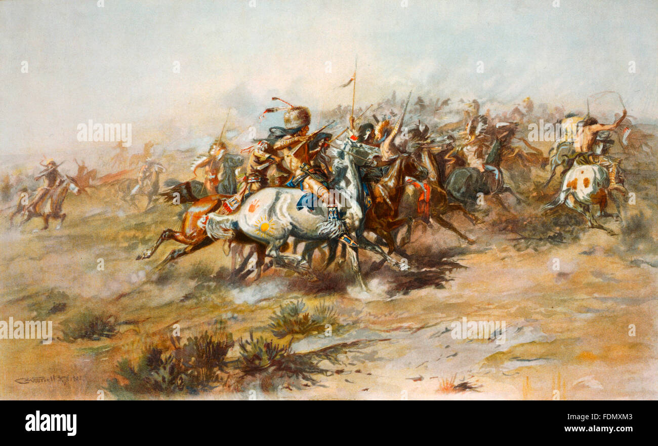 'The Custer Fight' by Charles Marion Russell a depiction of George Armstrong Custer's last stand at the Battle of Little Big Horn from the Indian side. c.1903 Stock Photo