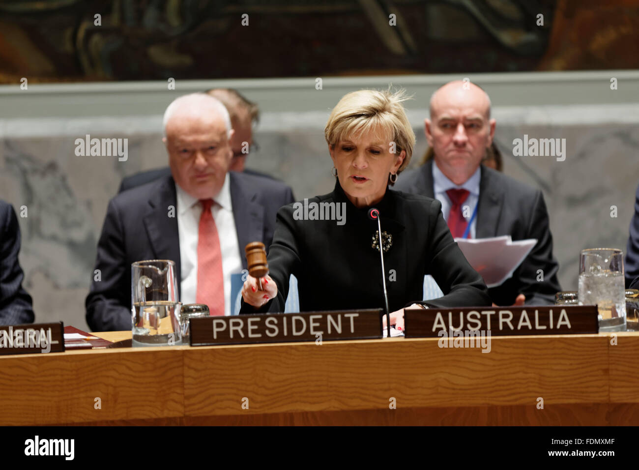 Australian Foreign Minister Julie Bishop chairs a meeting in the Security Council at UN Headquarters in new York. Stock Photo