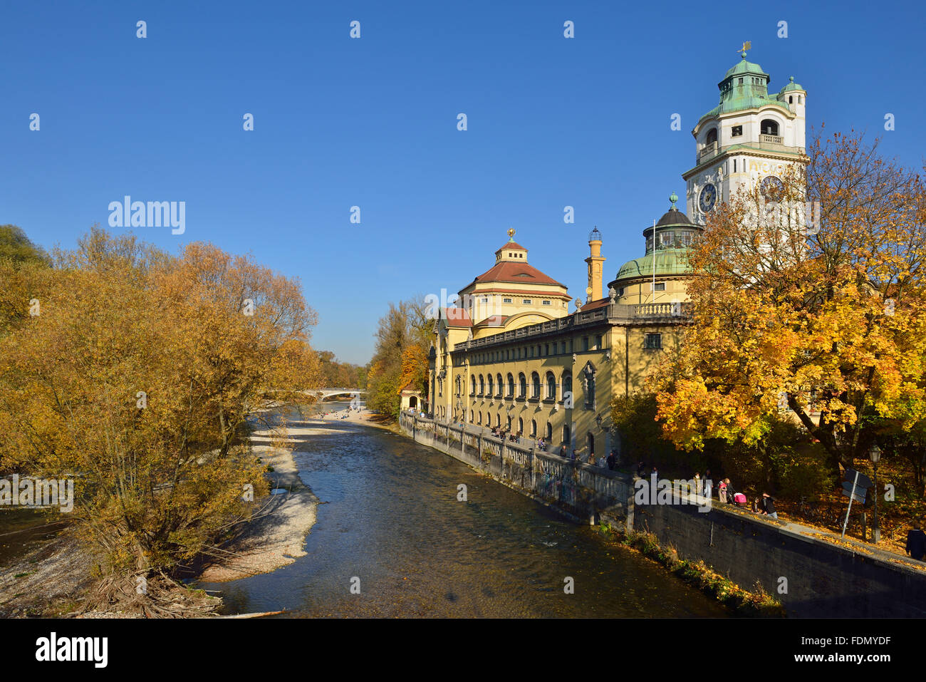 Isar river and Art Deco Müllersches Volksbad, Munich, Bavaria, Germany Stock Photo
