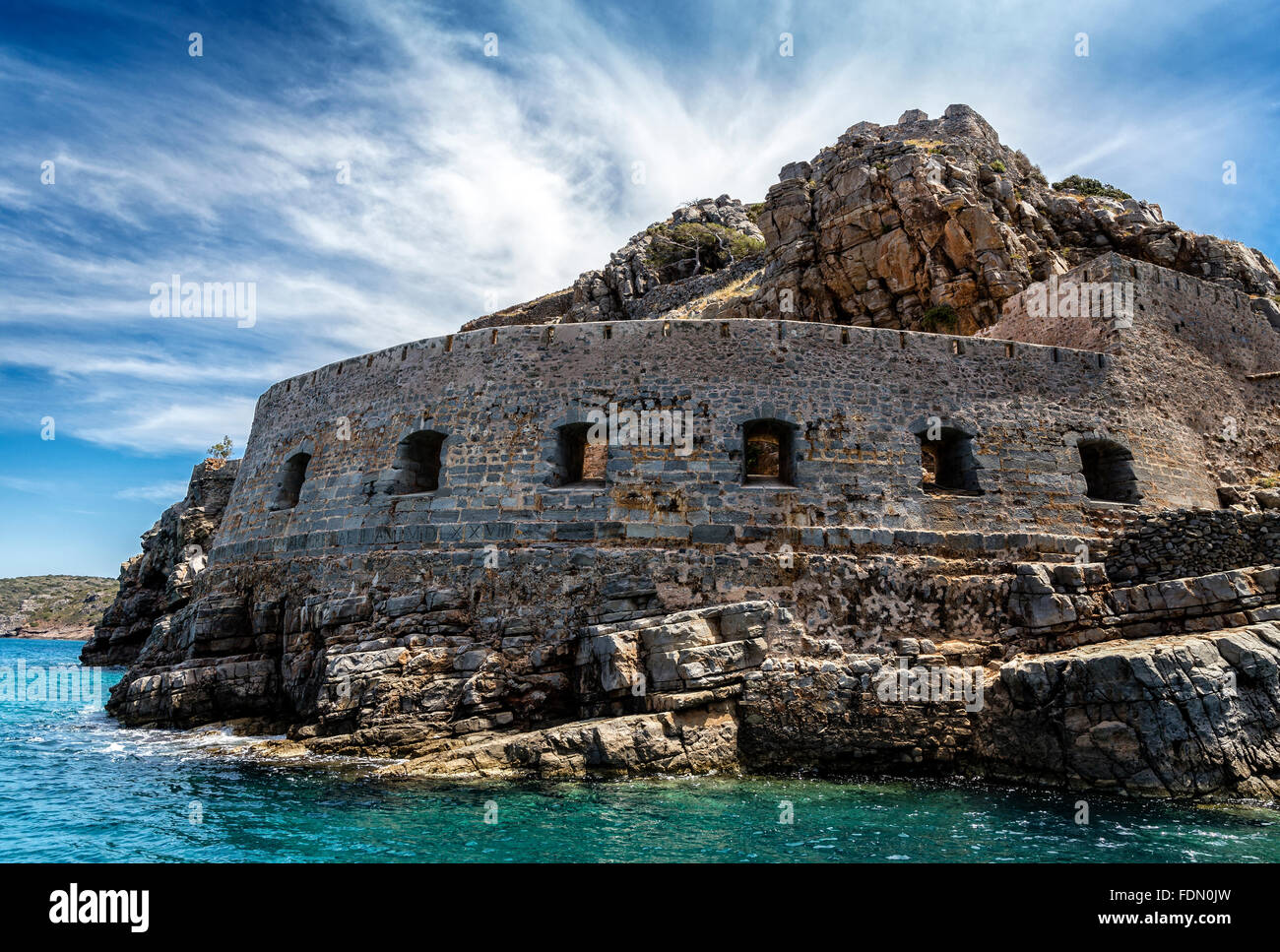 Fortress on uninhabited Greek island of Spinalonga or Kalydon, Gulf of Mirabello, Crete, Greece Stock Photo