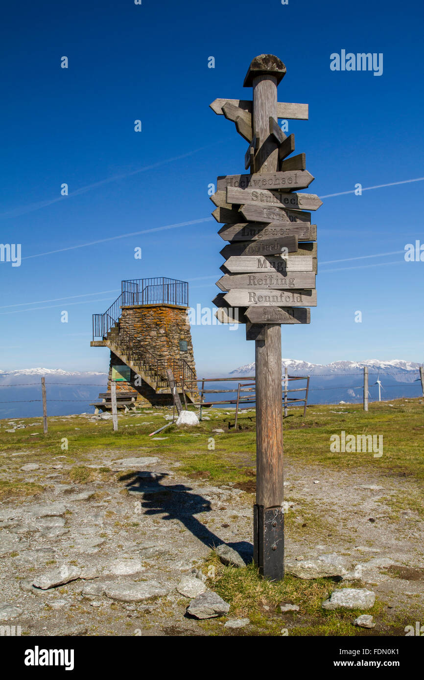 Sign in front of Peter-Bergner Warte, observation point, view of Pretulalpe, Fischbach Alps, Styria, Austria Stock Photo