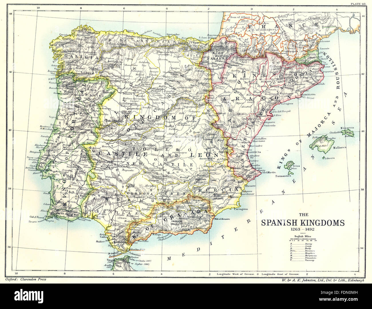 SPAIN: The Spanish Kingdoms 1263- 1492, 1903 antique map Stock Photo